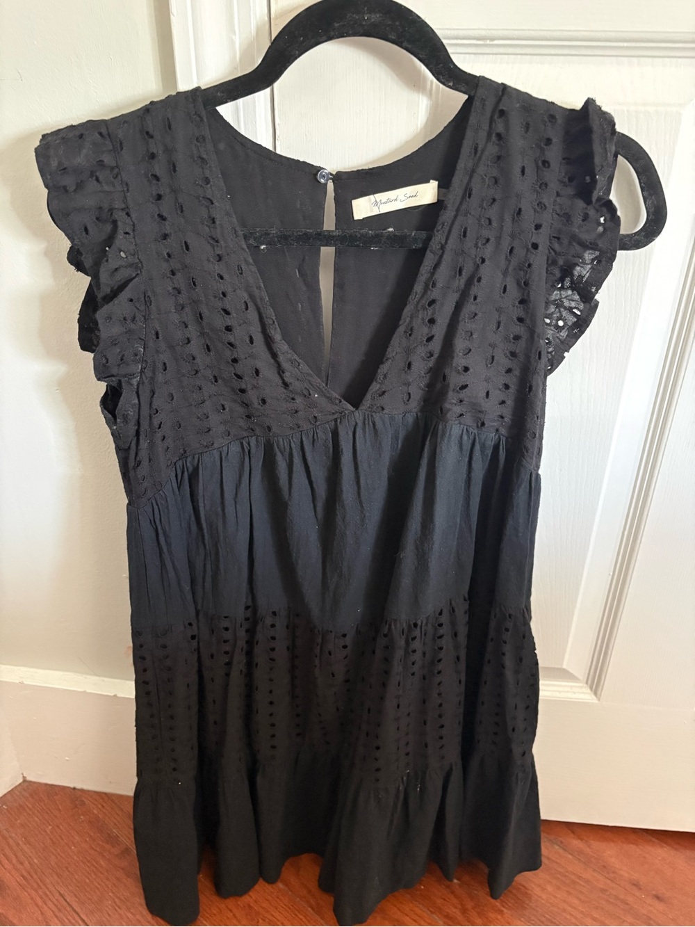 Mustard Seed Black Eyelet V-Neck Mini Dress